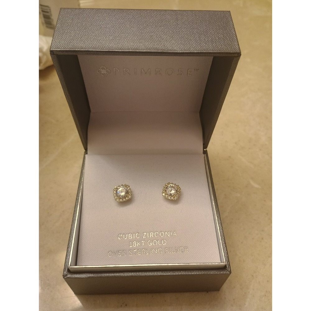Brand New Primrose Stud Cubic Zirconia 18KT Gold Over Sterling Silver
